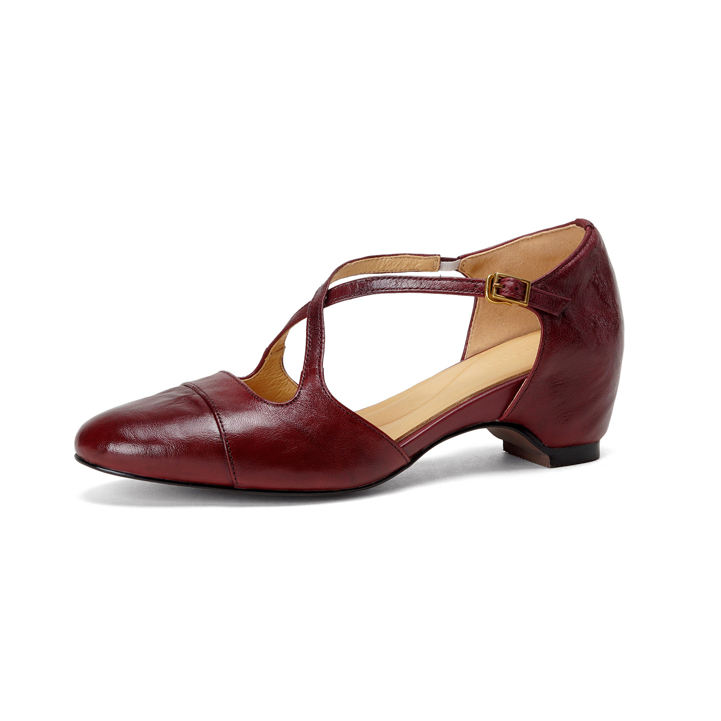 Giày sandal cao gót nữ quai ngang mũi nhọn da dê, gót vuông ổn định — đen