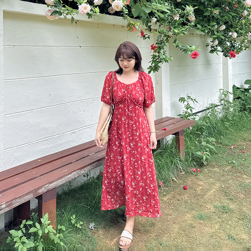 双天2025夏季新款连衣裙胖妹妹大码碎花系带收腰连衣裙9008 双天2025夏季新款连衣裙胖妹妹大码碎花系带收腰连衣裙9008