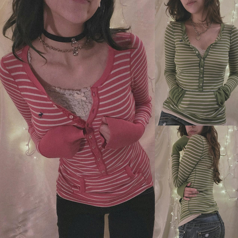European and American Autumn and Winter Retro Stripesd Long-Sleeved T-Shirt Single-Breasted Deep V Neck Sexy Tight Sexy Top for Women Su3104 European and American Autumn and Winter Retro Stripesd Long-Sleeved T-Shirt Single-Breasted Deep V Neck Sexy Tight Sexy Top for Women Su3104