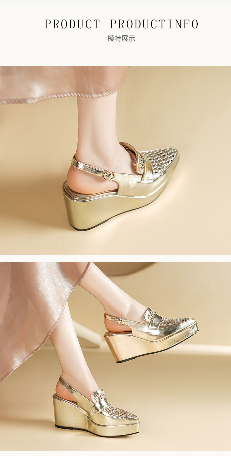 Sandal cao gót nữ quai ngang mũi nhọn đế xuồng 9cm dệt lỗ thoáng khí — vàng, bạc chi tiết 3