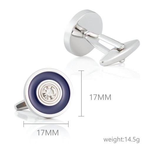New Arrival Round Electroplated Silver-Color Blue Enamel Diamond-Inlaid Metal Cufflinks — Wholesale French-Style Cufflinks for Foreign Trade