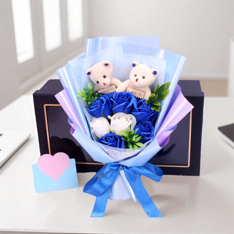 Ramo de Jabones en Forma de Oso para el Día de San Valentín y el Día de San Valentín Chino, Caja de Regalo con 7 Rosas, Regalo para el Día del Maestro, Flores Hechas a Mano
