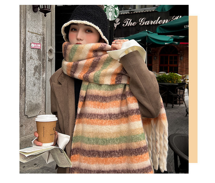 Striped Color Contrast Patchwork Scarf For Women Winter Shawl_voghion.com