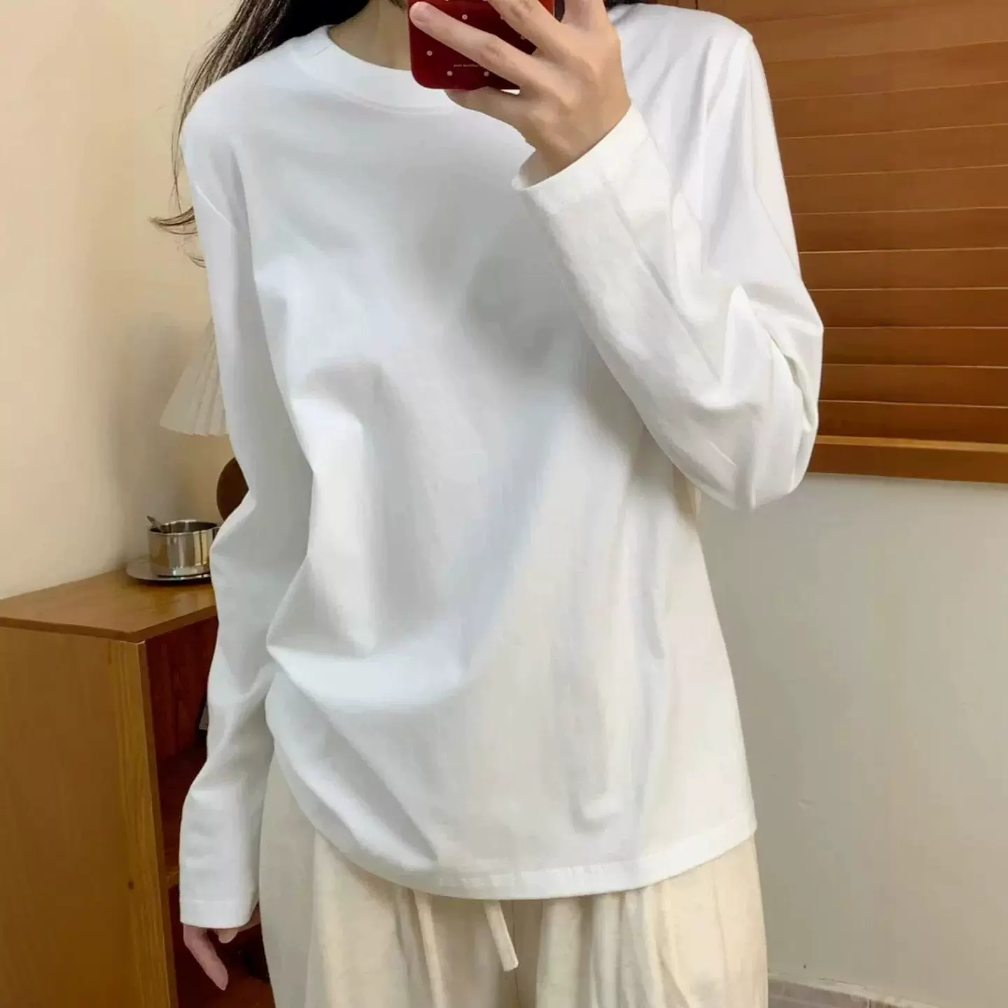 正肩纯棉长袖T恤女春秋内搭纯色打底衫宽松百搭上衣简约休闲体恤
