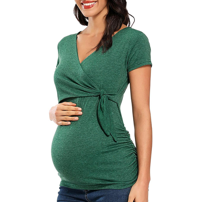 2026 Amazon European and American Trendy Maternity Cross V-Neck Nursing T-Shirt Maternity Top for Women in Stock