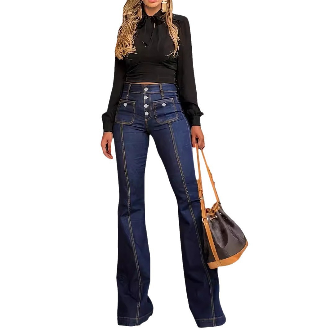 Jeans Acampanados de Cintura Alta con Botones de Mezcla de Algodón y Poliéster, Alta Elasticidad image 6