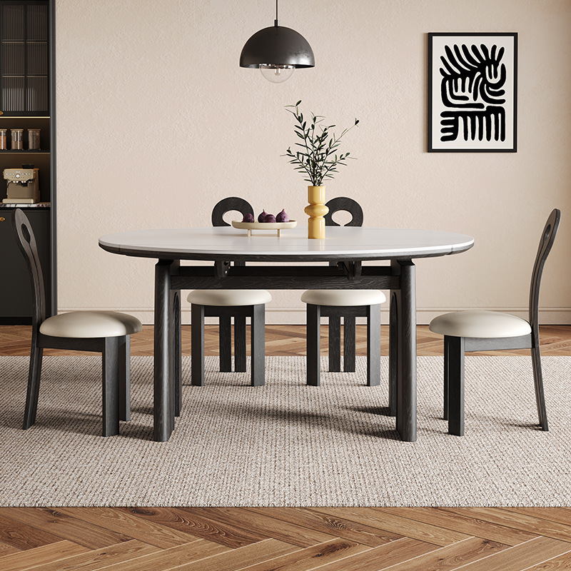 Mesa de comedor plegable de madera sólida medieval, mesa redonda de comedor tipo pequeño hogar retráctil de alta gama de tabla de roca, mesa de comedor retro y silla combinada