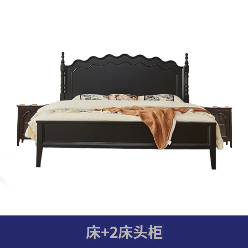 Cama de madera maciza americana negra retro 1.8m cama doble francesa dormitorio principal cama de almacenamiento estilo medieval Leia cama queen image 9
