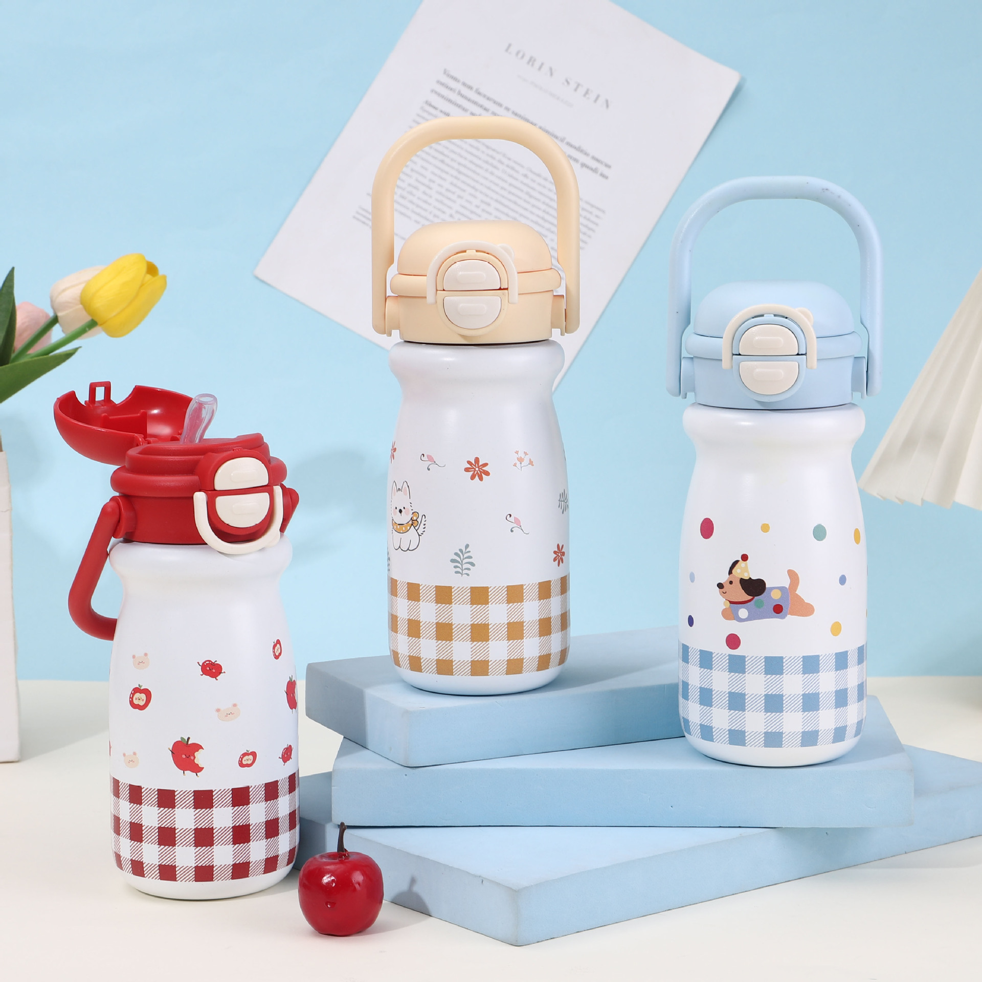 现货儿童提手吸管杯316不锈钢保温杯壶高颜值女可爱便携水杯定制