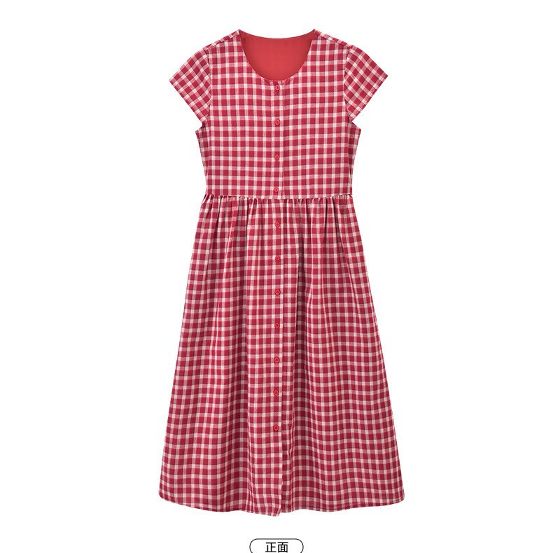 Falda de niña de estilo de vacaciones de bolsillo nuevo vestido a cuadros rojo de temperamento de longitud media falda de swing grande de manga corta de verano