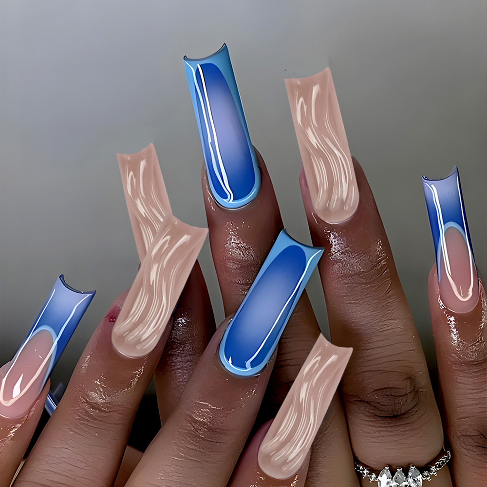 Uñas postizas de cartón corrugado tridimensional azul nude para comercio exterior, estilo Y2K, uñas postizas largas de 24 piezas, venta al por mayor.