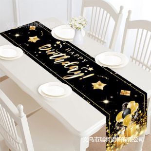 Amazon Cross-border New Black Gold Birthday Cross-border Tablecloth Decorative Dining Tablecloth Happy Birthday Party Photo Table Flag