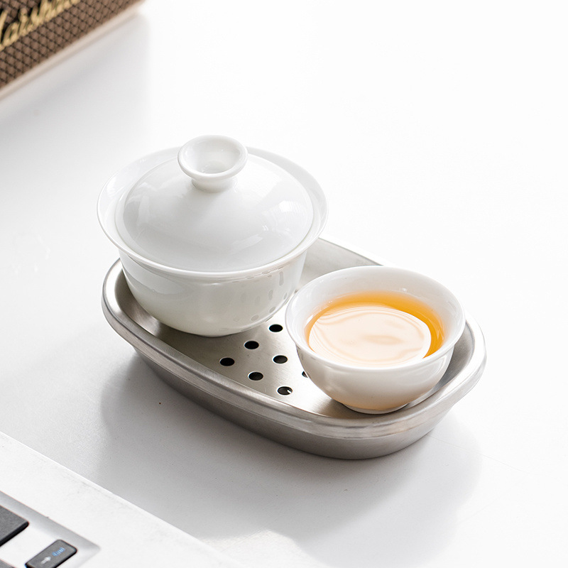 工位一人独饮白瓷功夫茶具套装单人带不锈钢茶盘简约陶瓷盖碗套组