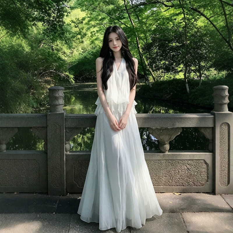 Cool and Stylish Outfit: Green Sheer V-Neck Camisole Dress for Women, Unique and Beautiful Long Dress for Early Summer