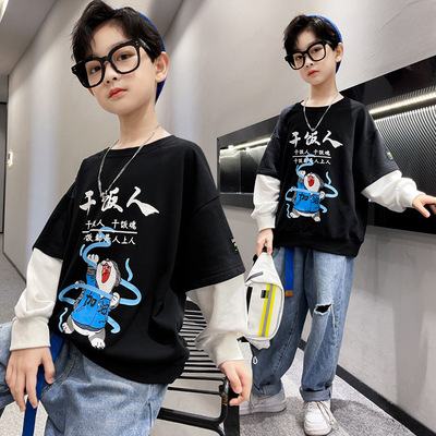 男童T恤秋季长袖中大童帅气假两件打底衫上衣男孩儿童8圆领卫衣12