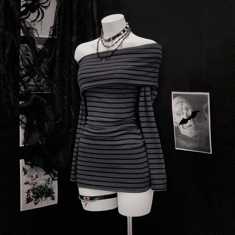 2025 Autumn and Winter European and American Style Vacation Off-Shoulder Stripesd Long-Sleeved Skirt One-Line Collar Knitted Sexy Y2K Short Dress