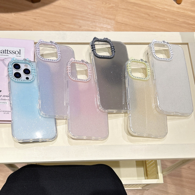 Glitter Gradient Suitable for Iphone16Promax Mobile Phone Case Apple 15 Flash Diamond Cat Ear Lens Protective Cover 13
