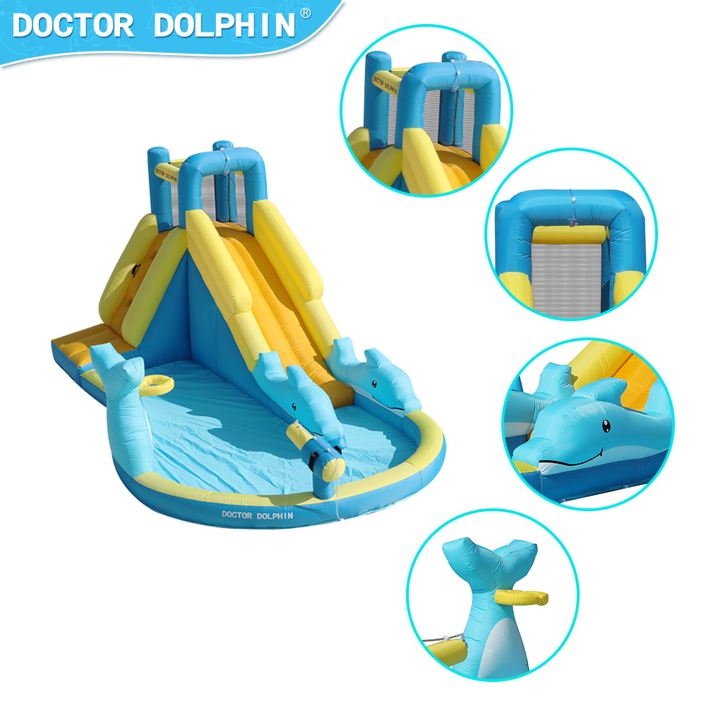 Castillo inflable para juegos acuáticos, mini parque infantil para uso doméstico, trampolín con escalera larga para interiores y exteriores, castillo inflable con piscina de olas