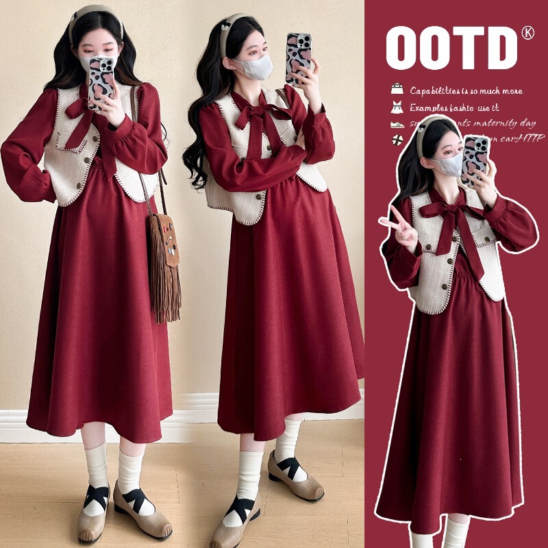 Real shot of maternity wear: stylish vest paired with a red shirt dress, new women's tweed two-piece set with sheer fabric Real shot of maternity wear: stylish vest paired with a red shirt dress, new women's tweed two-piece set with sheer fabric