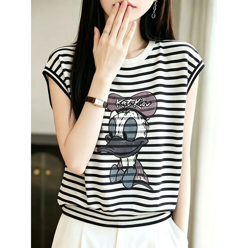 2026 Loose Short-Sleeved T-Shirt Top French Style Contrast Color Donald Duck Embroidered Ice Silk Knitwear Women's Polo Collar