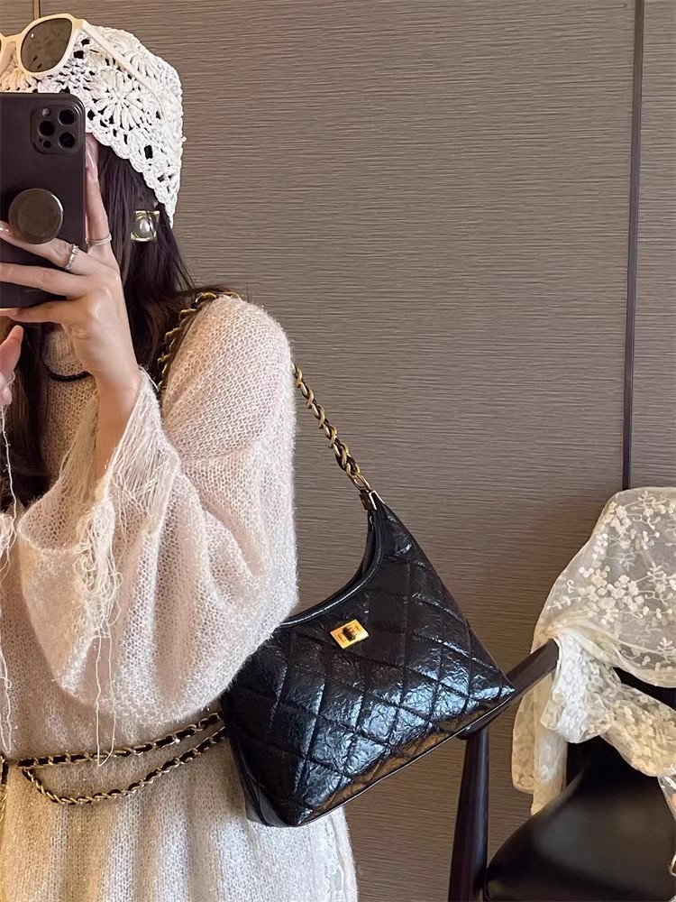 Túi tote nữ da thật kiểu tweed đeo chéo dây xích chần bông — Màu đen, Đỏ Ancora, Cà phê Mocha, Màu nâu chi tiết 23