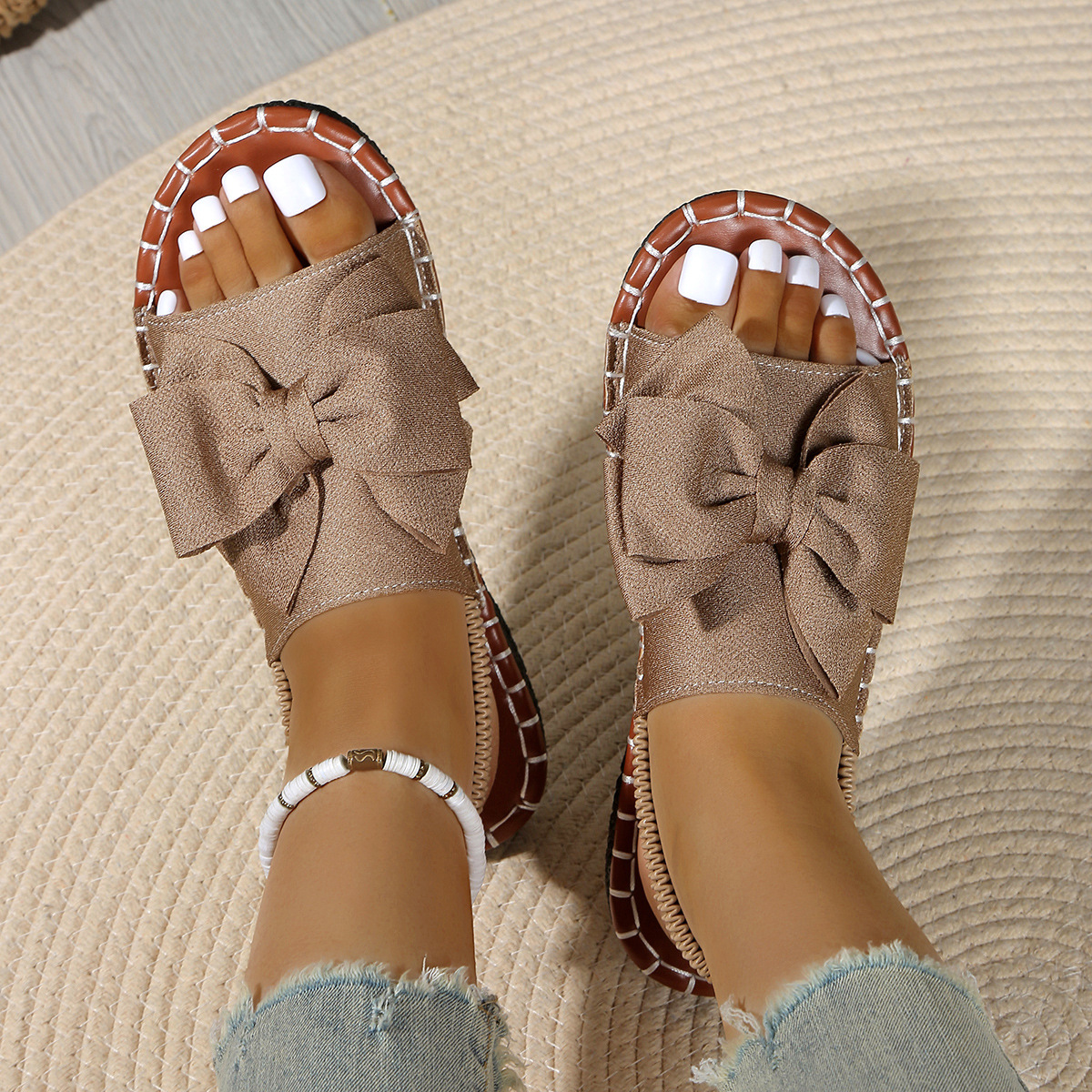 Cross-border Summer New Flat Bowknot One-Strap Sandals For Women, Outdoor Wear, Solid Color, Lightweight Fabric Sandals,_vogvips.com