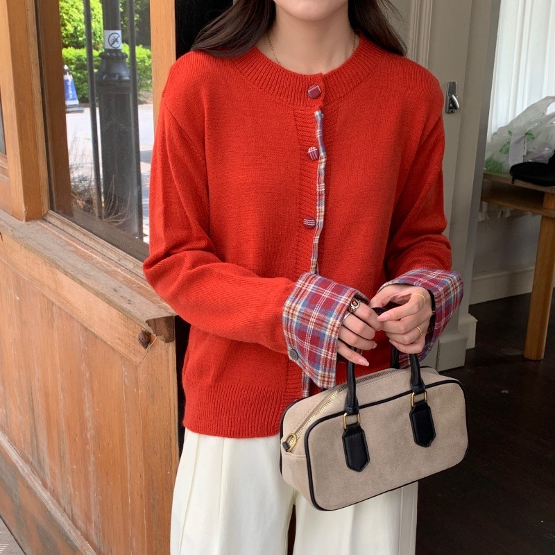 实拍 假两件韩系显瘦圆领拼接格子毛衣女装秋冬新款宽松休闲开衫|undefined