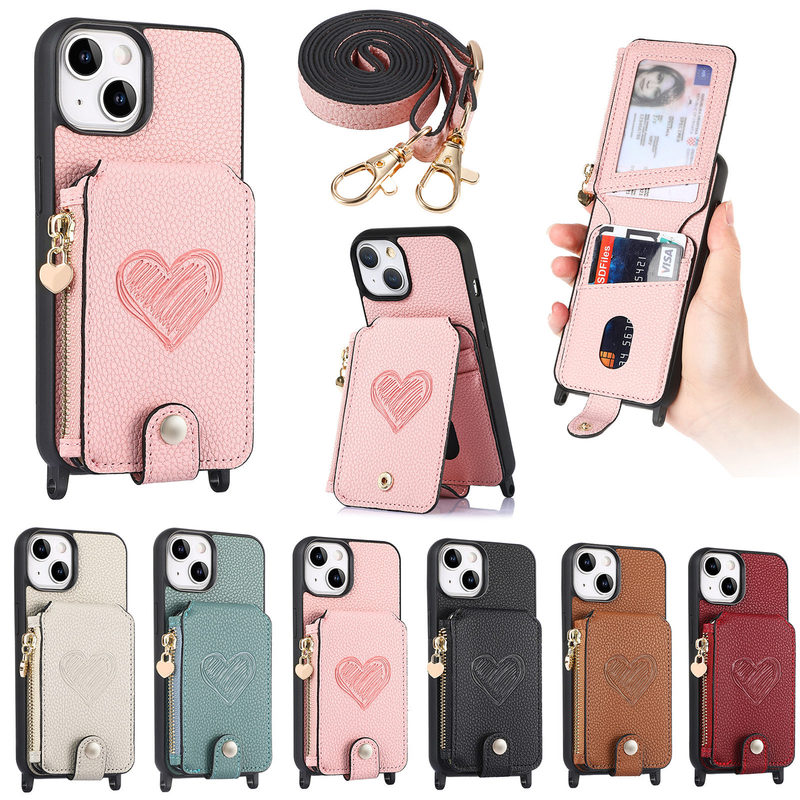 Suitable for Iphone16 Pebbled Heart Card Holder Mobile Phone Case with Long Lanyard Ip15 Creative Personalized Pu Protective Case