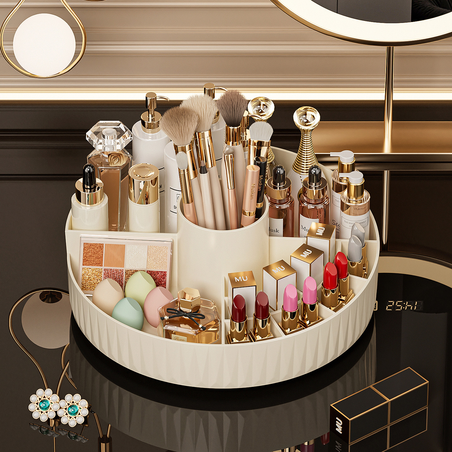 Desktop Rotating Cosmetics Storage Box for Home Use, Lipstick, Eyeshadow, Makeup Brush Holder, Compartmentalized Organizer