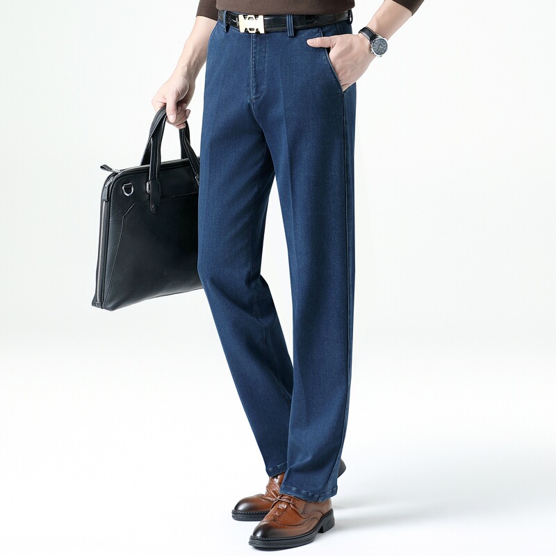 High-End Men's Jeans Autumn and Winter New Style Middle-Aged and Elderly Dad Wear Business High-Waisted Trousers Loose Straight Jeans