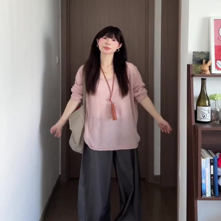 韩系U领针织衫上衣2025早秋季新款软糯温柔慵懒风套头长袖小衫女|undefined
