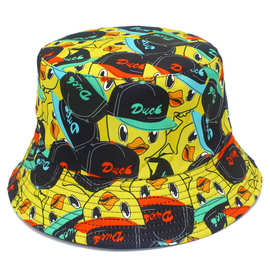 卡通小鸭印花渔夫帽成人春夏户外遮阳防晒盆帽个性可爱学生太阳帽