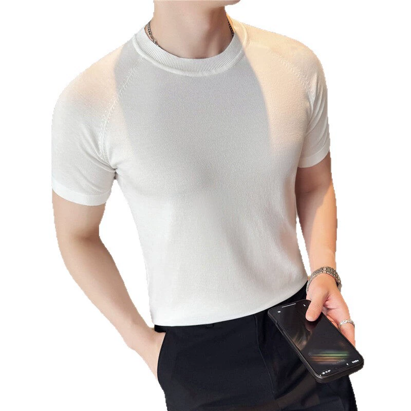 Новая летняя мужская трикотажная футболка для мужчин среднего и пожилого возраста, легкая и зрелая однотонная тонкая короткая футболка с круглым вырезом и рукавами реглан