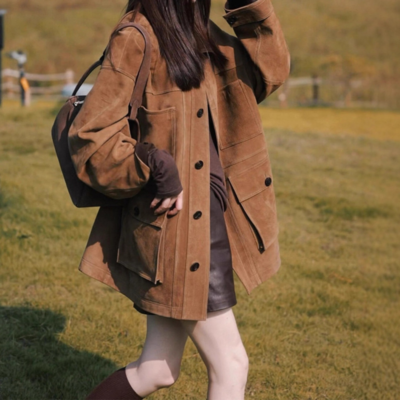 Autumn and Winter New Thickened Mid-Length Work Jacket Top Maillard Retro Mid-Length Brown Suede Jacket for Women Autumn and Winter New Thickened Mid-Length Work Jacket Top Maillard Retro Mid-Length Brown Suede Jacket for Women