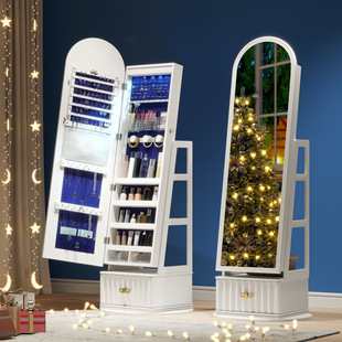 360 ° Rotating Full-Length Mirror, Arched Mirror Jewelry Cabinet, Floor-Standing Storage Makeup Mirror with Lock, Jewelry Storage Cabinet