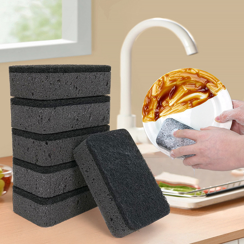 Cross-Border Dropshipping of Black Double-Layer Seaweed Sponge Cleaning Pads for Household Kitchen Dishwashing and Pot Scrubbing, Wholesale