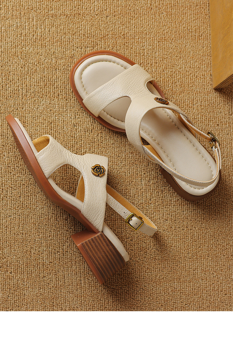 Sandal hở ngón da cừu gót thô đầu vuông quai ngang kiểu La Mã — Màu trắng be chi tiết 14