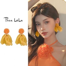 黄色夸张花朵耳夹女小众独特仙气大耳环耳坠海边度假风无耳洞耳饰