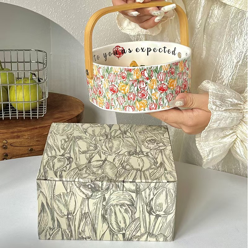 Cerámica retrógrada portátil bandeja de frutas casera de bocadillos dulces caja de frutas de lujo de alta gama exquisita cesta de frutas de nueces de lujo platos de bocadillos