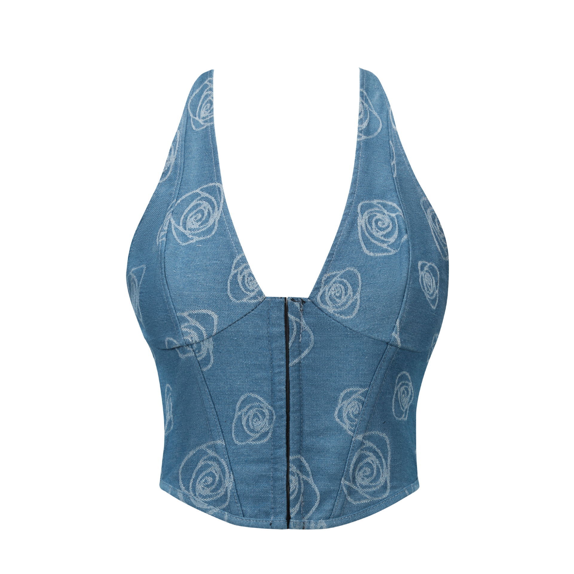 Nuevo retro azul impresión de vaqueros ropa de cuerpo cuello sexy bajo pecho corte plástico ropa de mujer comercio electrónico al por mayor