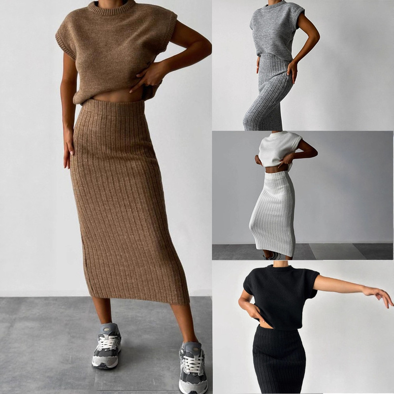 European and american cross-border independent station amazon 2024 popular sweater suit women's sleeveless pullover top slim dress