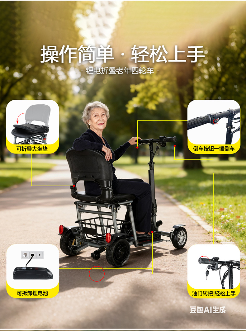 Exported to the United States, Aluminum Alloy Folding Three- or Four-Wheeled Electric Scooters for the Elderly, Household Electric Vehicles for Disabled People, and Power-Assisted Battery Vehicles