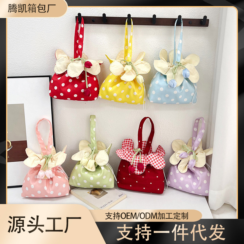 定制韩系少女风波点花朵日常百布包女新款抽绳伴手礼便携手提包