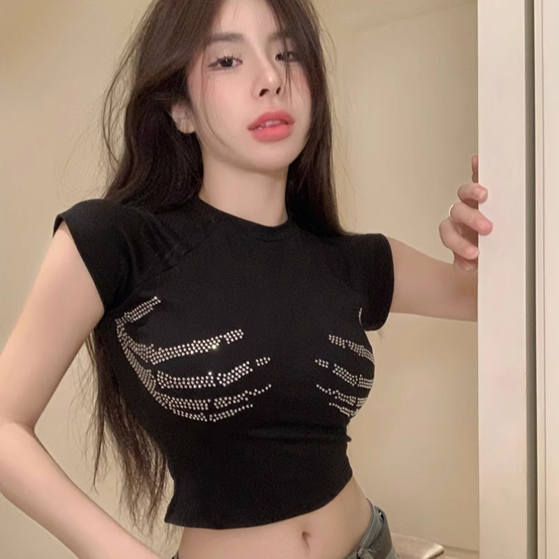 American High Street Devil Claw Hot Diamond Short-Sleeved T-Shirt for Women Summer 2025 New Black Right Shoulder Short Sweet Hottie Top