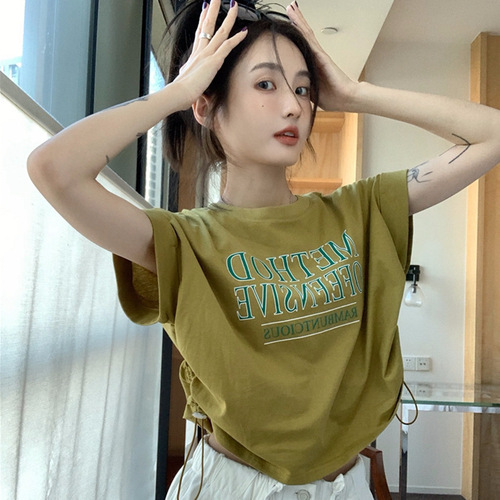 Women's Summer Short Sleeve T-Shirt with Ins Cute Girl Print, Drawstring, Loose Fit, Crop Top, Sexy, Short Length, Wholesale