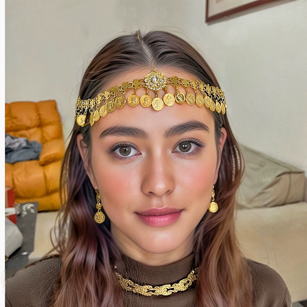 Европейская и американская трансграничная цепочка для волос в золотом этническом стиле из сплава со стразами, ретро-модная цепочка для волос с монетами и кисточками на лбу, аксессуары для волос