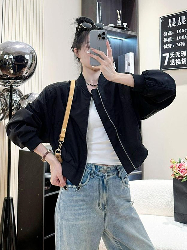 早秋女短款百搭休闲夹克上衣小个子简约时尚立领棒球服运动外套潮|undefined