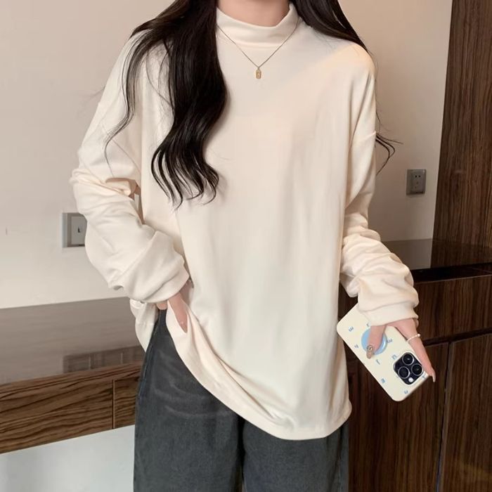 白色半高领德绒打底衫女秋冬内搭加绒加厚保暖长袖t恤上衣欧美风|undefined
