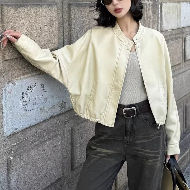欧货高级感蓝色蛋白皮衣外套女2025春秋新款蝙蝠袖pu短夹克小个子|undefined