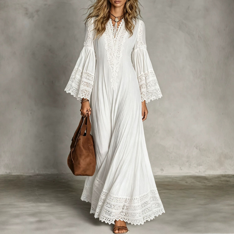 2026 European and American independent brand women's lace patchwork V-neck long dress with bat sleeves for vacation and beach wear